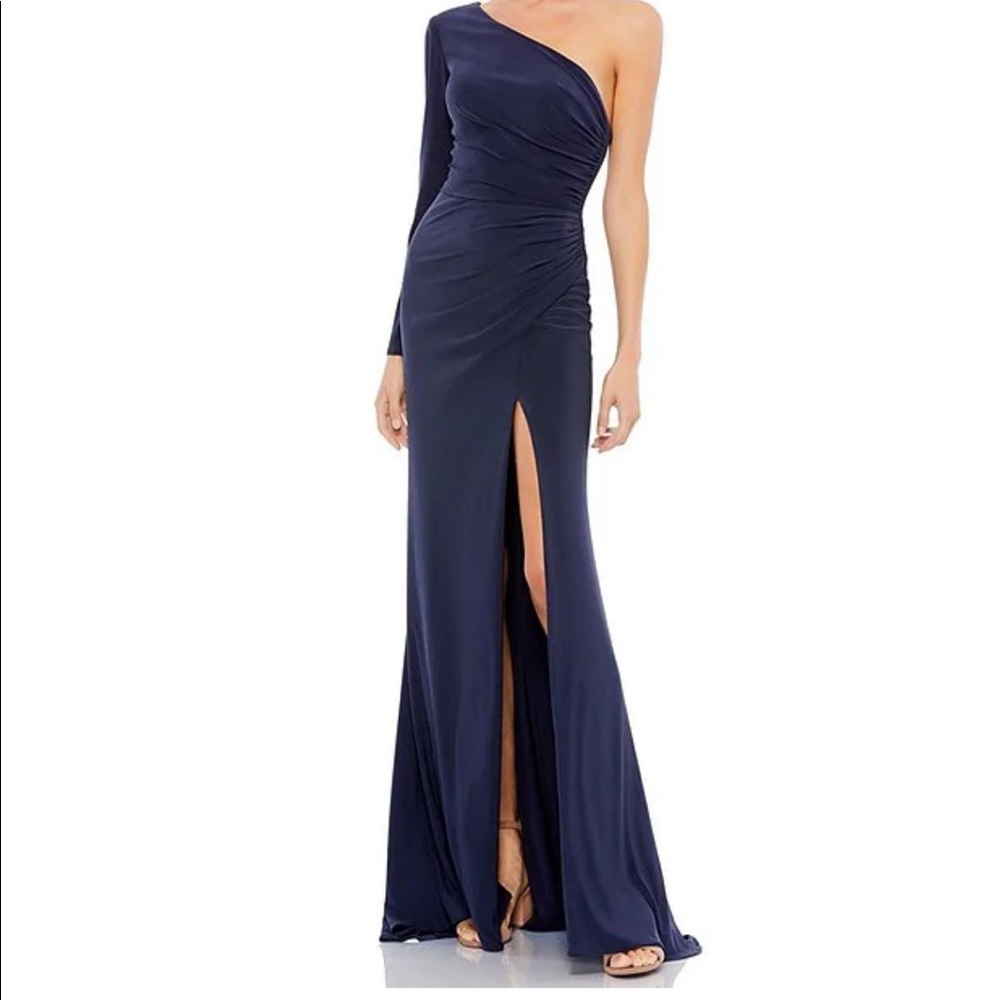 Ieena for Mac Duggal one shoulder navy wrap sheath gown
